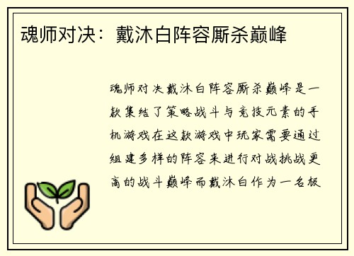 魂师对决：戴沐白阵容厮杀巅峰