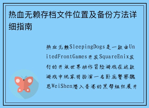 热血无赖存档文件位置及备份方法详细指南